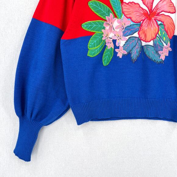 FARM RIO Floral Knit Sweater Women Medium Red White Blue Crew Balloon Colorblock - Picture 8 of 16